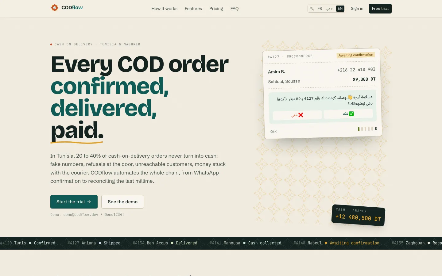 CODflow — desktop homepage