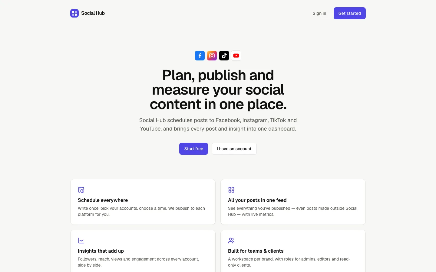 Social Hub — desktop homepage